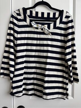Talbots Navy Striped Pima Cotton Bateau Top w/ Nautical Accent Bow L